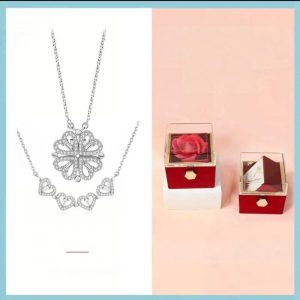 [Hari Ibu][925 perak]Kalung Peluh Musim Panas&Tahan Kotoran Dua Hala Pakai Barang Kemas Loket Semanggi Empat Daun&Jantung dengan Kotak Hadiah Berputar Mawar, Kalung Cantik Hypoallergenic untuk Hadiah Wanita (Ulang Tahun/Valentine/Hari Lahir)