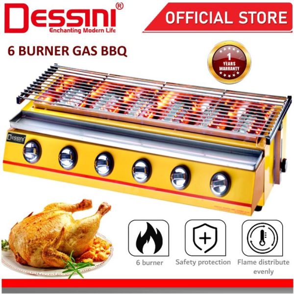 DESSINI ITALY CE Approval Stainless Steel Gas BBQ Grill Stove 2800Pa Non Stick Roast Bake Barbecue Roaster (6 Burner)