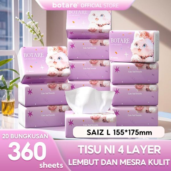 [20 packs] Botare Skin-friendly soft tissue paper 4-ply SoftFacial Tissues 360 sheets Face Tissue 175x155mm size L