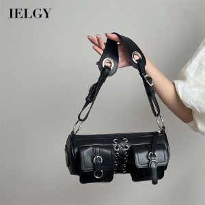Beg Bahu, IELGY, Tekstur Berkualiti Tinggi, Rekaan Tali, Warna Hitam, Sesuai untuk Wanita, Gaya Ratus Bags Selempang