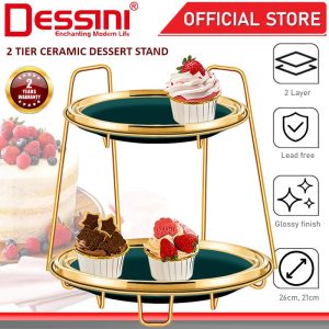DESSINI ITALY 2 Tier Ceramic Dessert Stand Tower Cake Display Rack Snack Platter Fruit Bowl Party Serving Tray Plate