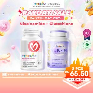 Pentavite Niacinamide+Glutathione Dual action for a brighter glow, UV protection & whitening Chewable Tablets (30s*2)