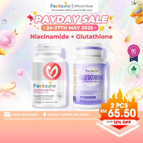 Pentavite Niacinamide+Glutathione Dual action for a brighter glow, UV protection & whitening Chewable Tablets (30s*2)