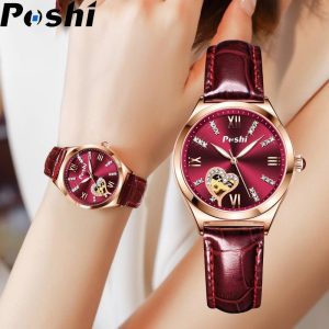 Jam Tangan Fesyen Wanita, Jenama POSHI, Gaya Korea, Pergerakan Kuarza Berlian, Tali Kulit, Kalis Air, Jam Tangan Wanita, Sesuai untuk Wanita, Relo Watches