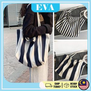 READY STOCK EVA Simple Stripe Canvas Messenger Tote Bag Pocket Wanita Totebag