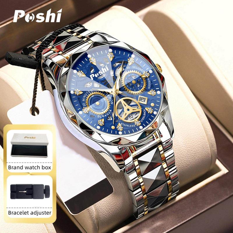 Jam Tangan Keluli Tahan Karat Kalis Air Lelaki, POSHI, Jam Tangan Kuarza Fesyen Perniagaan Mewah Asli, Kalendar Berkilau, Reka Bentuk Berongga, Termasuk Kotak Hadiah dan Pengawal Selia, Sesuai sebagai Hadiah, Untuk Lelaki