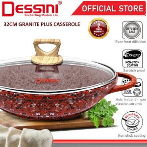 DESSINI ITALY 32CM Granite Plus Shallow Casserole Induction Non Stick Pot Bowl Wok Pan Cookware Tool with Cover Periuk