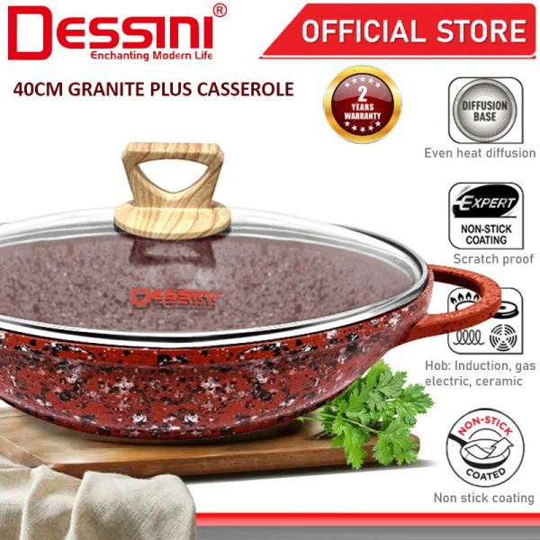 DESSINI ITALY 40CM Granite Plus Shallow Casserole Induction Non Stick Pot Bowl Wok Pan Cookware Tool with Cover Periuk