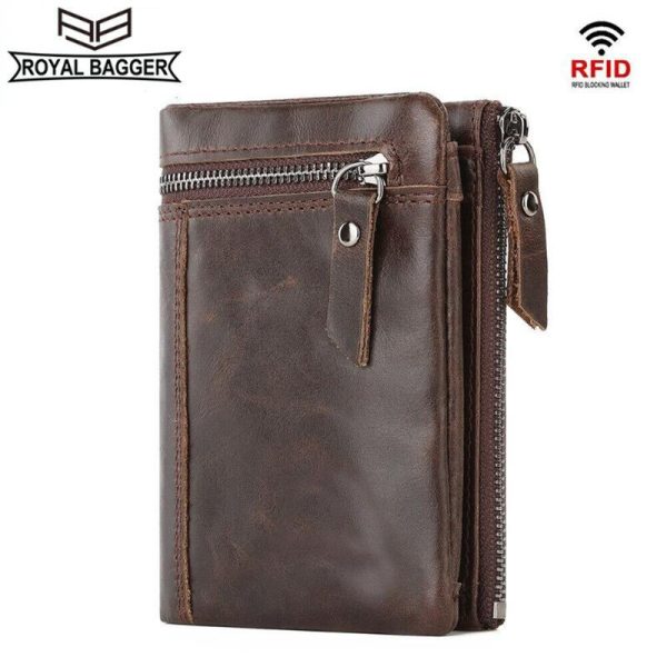Dompet Pendek, Royal Bagger, Penyekat RFID, Untuk Lelaki, Diperbuat daripada Kulit Lembu Sebenar dan Tulen, Pemegang Kad, Dompet Zip, Fesyen Vintaj, Dompet Lelaki