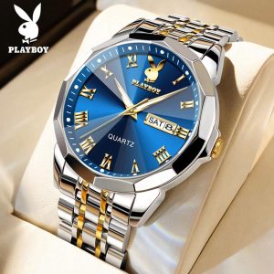PLAYBOY Jam Tangan Lelaki Original Asli Kalis Air Keluli Tahan Karat Chronograph Watch for Men Kalendar Berkilau Relo untuk Lelaki G3502 Rotundity Bahan logam dalam stok Banyak warna Pejabat parti pemberian hadiah Garanti 3 tahun