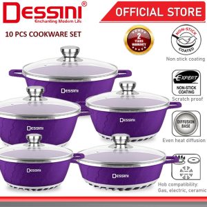 DESSINI ITALY 10 Pcs Casserole Die Cast Aluminium Non Stick Shallow Pot Bowl Fry Pan Cookware with Cover PERIUK