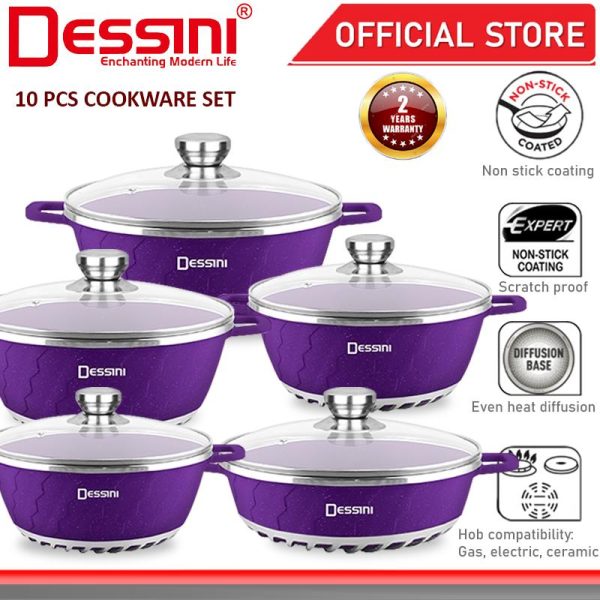 DESSINI ITALY 10 Pcs Casserole Die Cast Aluminium Non Stick Shallow Pot Bowl Fry Pan Cookware with Cover PERIUK