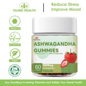 Ashwagandha Gummies, Yiling, Ekstrak Akar Ashwagandha Berpotensi Tinggi 3000 mg, dengan Vitamin D2, untuk Lelaki dan Wanita, Perisa Strawberi, 60 Kiraan, Pek 1 ashwagandha gummies