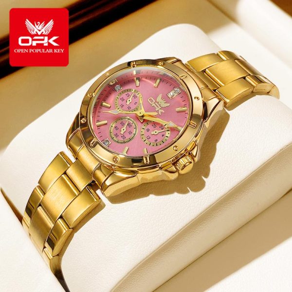 OPK Jam Tangan Wanita Perempuan Asli Berjenama Kalis Air Cewek 2025 Watches Kelu li Tahan Karat Emas Dail Merah Jambu Berkilau Fesyen Sesuai untuk Fesyen 60-01 Rotundity Bahan logam dalam stok Banyak warna Pejabat parti pemberian hadiah Garanti 1 tahun