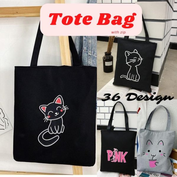 Womens Shopping Bag Student Tote Bag With Zip Korea Simple Art Canva Shoulder Beg Tuition Bag Bags Totebag