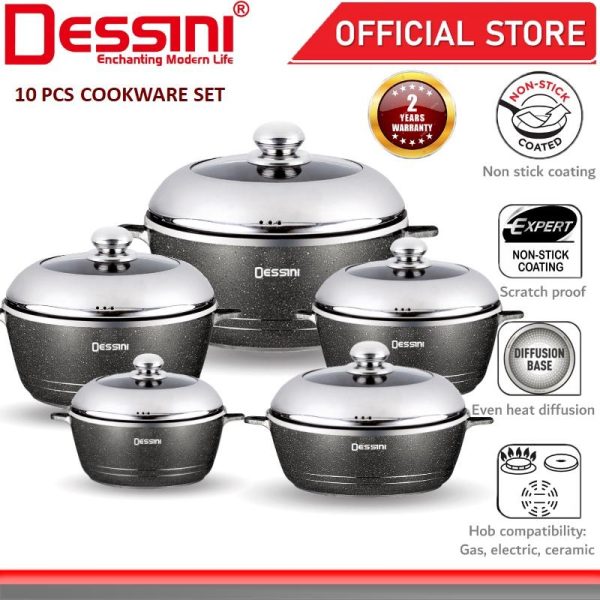 DESSINI ITALY Granite Aluminium Non Stick Casserole Pot Bowl Deep Fry Pan Cookware Tool (10 Pcs)