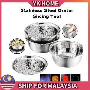 YK 304 Stainless Steel Grater Basin Drain Basin Rice Washing Basin Kitchen Potato Grater Slicing Tool Handle Kitchenware