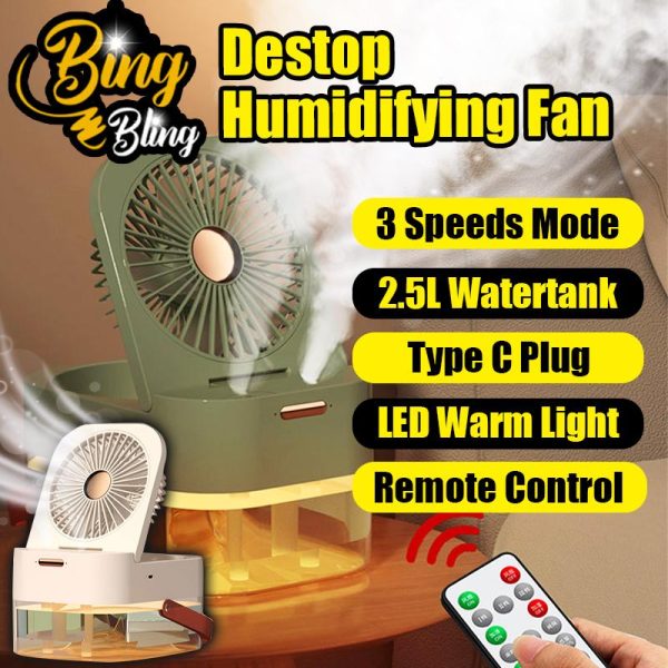【Bing Bling】3 IN 1 Mini Air Cooling Dual Mist Spray Fan Remote Control Light USB Portable Foldable Camping kipas angin kuat bateri