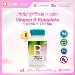 9YOUNG-BASIC Vitamin B Complex, 1 Botol 100 Tablets, Makanan Tambahan B1, B2, B6, B12, Niacin, Multivitamin, Pek Keluarga, Ambil dengan air suam