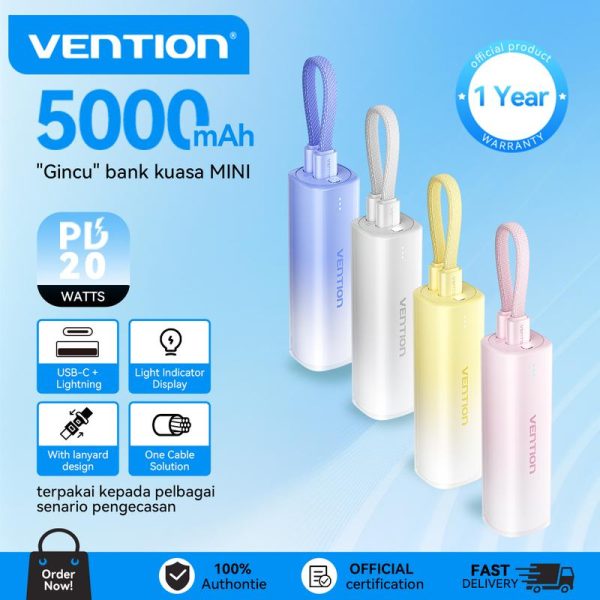 Bank Kuasa, Vention, 5000mAh, USB-C + Cahaya Ning, 20W, Pilihan Warna: Kelabu, Biru, Merah Jambu, Kuning, Paparan Penunjuk Cahaya