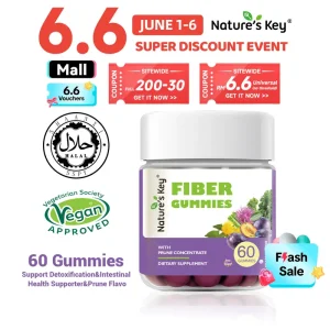 Nature's Key Gula-gula Serat Pemakanan yang membantu merangsang pencernaan perut, mengandungi Fruktooligosakarida, 60 biji dalam satu botol, perisa Plum fiber supplement
