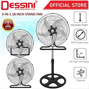 DESSINI ITALY 18'' Inch Stand Wall Floor Fan 3 Speed 5 Blade Oscillating Air Ventilator Conditioner Cooler Kipas Berdiri