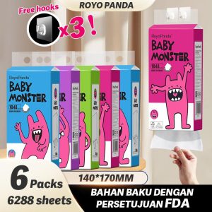 【6 PCS】ROYO PANDA Baby Monster Series Hanging Pull-out Tissues – Trending Tisu Viral Gantung Dapur, Diamond Embossed Craft, 4-Ply Skin-Friendly Soft, 6 Packs, 140×170mm, Total 6288 Sheets, Bayi Tisu besar Wipes Perfect for Hari Raya