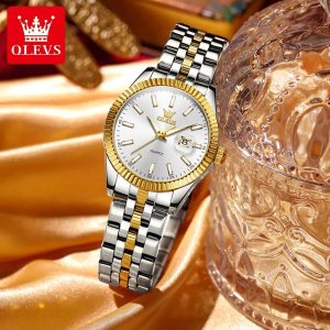 OLEVS Women's Watch Fashionable Original Night Glow Leather Strap Waterproof and Scratch resistant Quartz Watch 5593 Rotundity Bahan logam dalam stok Banyak warna Pejabat parti pemberian hadiah Garanti 1 tahun