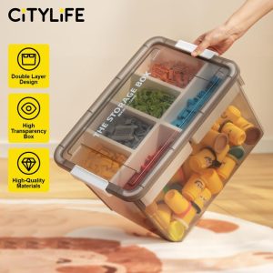 Citylife 16L/30L Transparent Organizer Stackable Storage Container Box With Extra Compartment Tray
