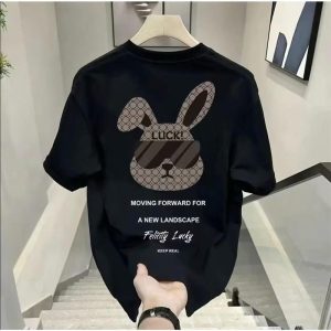 Kemeja-t lengan pendek lelaki, baju sejuk kartun belia, Kawalan, kepala beruang, kotak-kotak, besar, bercetak, hitam