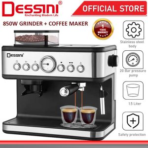 DESSINI ITALY 20 Bar 1.5L Espresso Coffee Maker Brew Cappuccino Latte Machine Milk Frothing Steamer Bean Grinder Blender