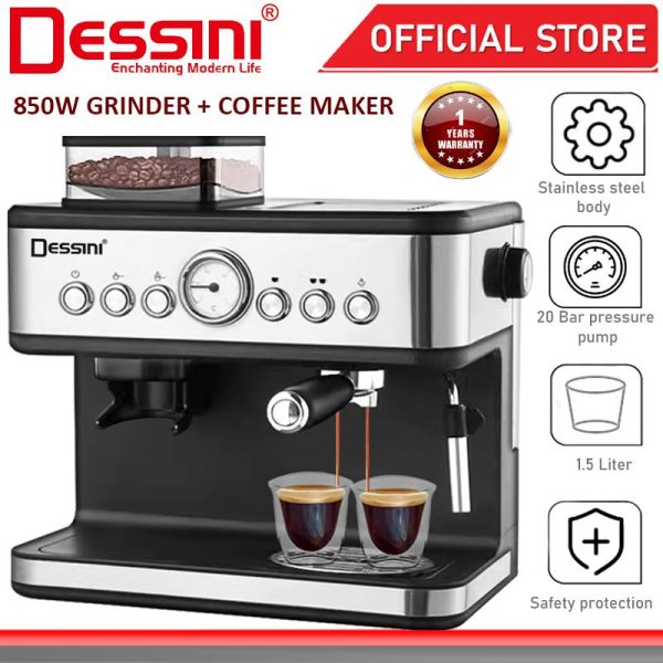DESSINI ITALY 20 Bar 1.5L Espresso Coffee Maker Brew Cappuccino Latte Machine Milk Frothing Steamer Bean Grinder Blender