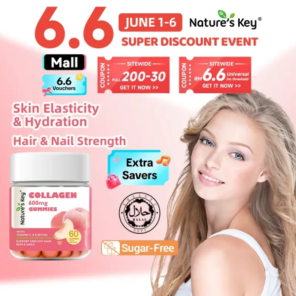 Nature’s Key Kolagen Gummies membantu kesihatan kulit dan kuku, suplemen peptida kolagen terhidrolisis, mengandungi Vitamin C, E, dan Biotin, sesuai untuk orang dewasa, 60 biji. glutathione collagen vitamin skin