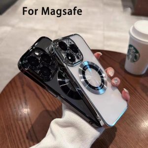 Luxury plated for Phone15 14 13 12 11Pro max shockproof hard case magnetic transparent casing iPhone clear back cover Metal Protectors Waterproof Protection