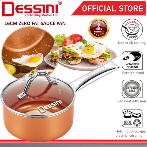 DESSINI ITALY Zero Fat 16CM Sauce Pan Aluminium Induction Non Stick Copper Milk Pot Frying Pan Casserole Bowl PERIUK