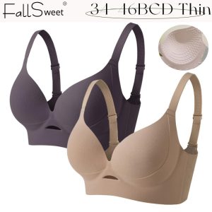 Bra Lancar, FallSweet, Saiz Besar, Kesan Pengecil Nipis, Untuk Wanita, Tiada Pelapik, Cawan Lembut Urut, Gaya Plunge V Dalam, Pakaian Dalam, 34-46 BCD, dengan reka bentuk t-shirt