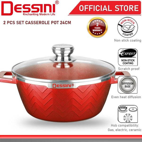 DESSINI ITALY Granite Die Cast Aluminium Non Stick Casserole Pot Bowl Deep Fry Pan Cookware Tool (24cm)