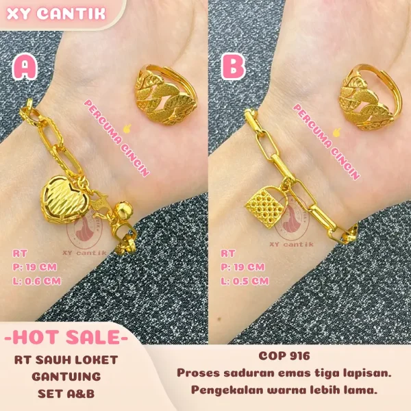 Rantai Tangan Sauh Loket Gantung Set A&B COP916 PERCUMA CINCIN - SET A Panjang 19CM Lebar 0.6CM Berat 12G - SET B Panjang 19CM Lebar 0.5CM Berat 11G - Barang kemas bersalut emas tulen - Tahan lasak - Hypoallergenic - Titanium - XYCANTIK Bracelets Gelang