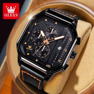 OLEVS Jam Tangan Lelaki Original Pergerakan Kuarza Kalis Air Asli Tali Kulit Berkilau Sesuai untuk Perniagaan dan Riadah Watches for Men 9950 persegi Material logam+kulit dalam stok Warna berbilang Ada kotak Pejabat parti pemberian hadiah