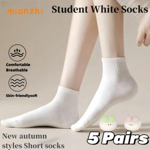 [MIANZHI] Kids White School Mid Tube Socks Basketball Socks White Mid Cut Socks For 3-12 Year Boys And Girls (5 Pairs)