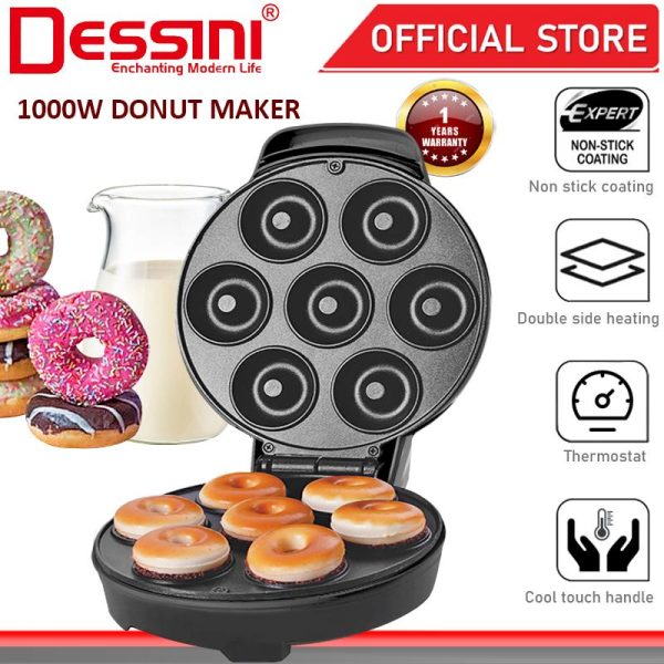 DESSINI ITALY Double Sided Electric Donut Maker Doughnut Cake Waffle Sandwich Toaster BBQ Grill Non-Stick Baking Pan
