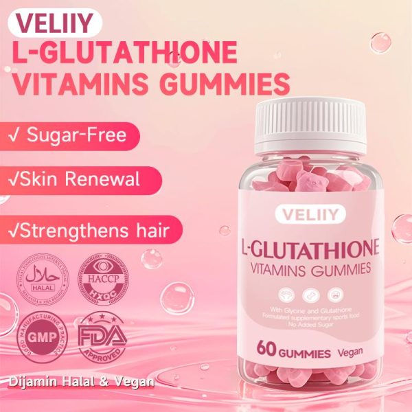Kulit Cerah & Halal dengan Glutathione VELIIY L-Glutathione 300mg SKIN Whitening untuk Memutihkan & Melembapkan Kulit Glycine 150mg&Glutamic acid 150mg&L-glutationDengan Vitamin C, D, E & Asid Pantothenik 60 Kira Suplemen bergetah pemutih kulit Vegan