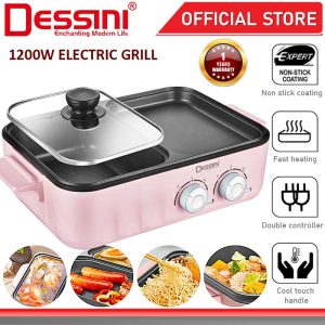 DESSINI ITALY Electric BBQ Grill Non-Stick Pan Teppanyaki Hot Pot Steamboat Barbecue Baking Pan Cooker Elektrik Stimbot