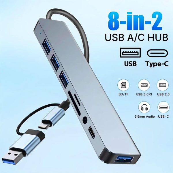 8 in 2 Ports Type C Hub 3.0 USB C Concentrator Docking Multi Adapter SD TF Card USB 3.0/2.0 Reader Audio Extender Splitter