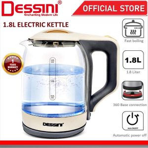 DESSINI ITALY Glass LED Light Electric Kettle Automatic Cut Off Boiler Jug Teapot Cerek (1.8L)