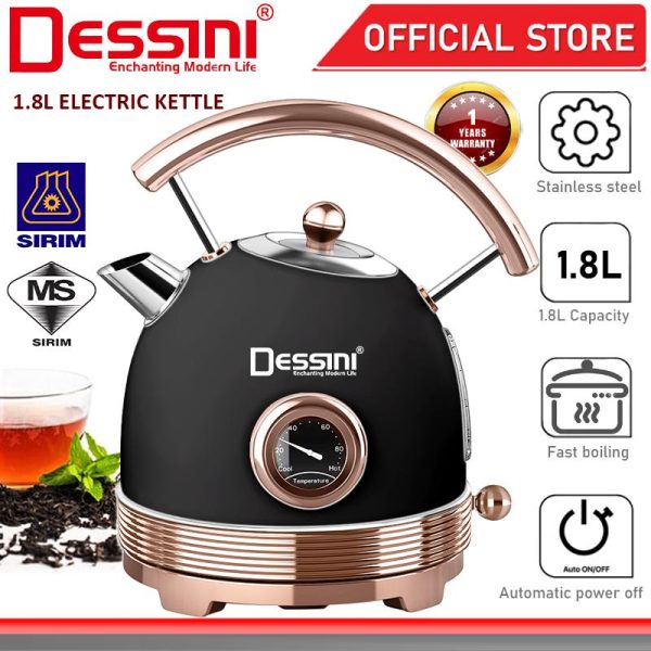 DESSINI ITALY 1.8L Stainless Steel Electric Kettle Automatic Cut Off Thermometer Boiler Jug Teapot / Cerek