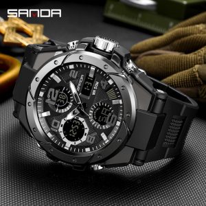 Jam Tangan Elektronik Analog, AW24 SANDA 6008, Untuk Lelaki, Kalis Air, Jam Tangan Sukan, Paparan Digital, Sesuai untuk Lelaki
