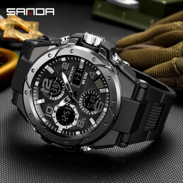Jam Tangan Elektronik Analog, AW24 SANDA 6008, Untuk Lelaki, Kalis Air, Jam Tangan Sukan, Paparan Digital, Sesuai untuk Lelaki