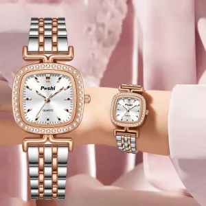 Jam Tangan Wanita Persegi, Fesyen, Gaya Retro, Tali Logam, Jam Tangan Kuarza Kecil Kasual, Hadiah Terbaik untuk Wanita, POSHI