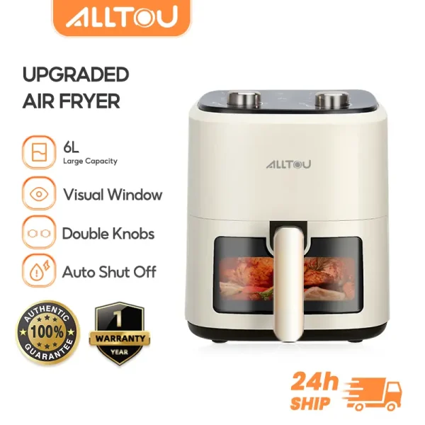 ALLTOU Air Fryer 6L Electric Oven 1300W with emperature Timer Control Visible Window Non-Stick Simple Knob Penggoreng Udara Cooker Machine